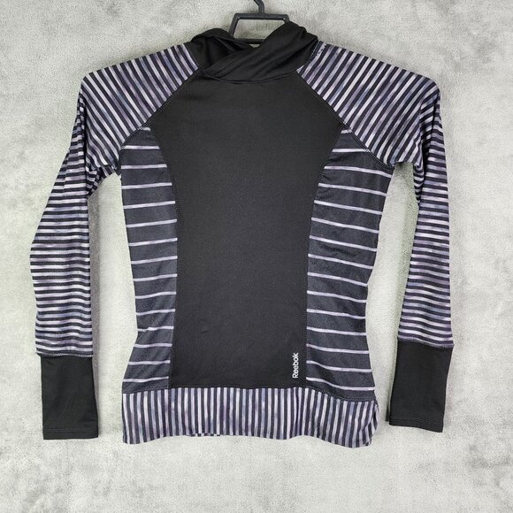 Womens Reebok Athletic Hooded Shirt Black & Purple Striped Long Sleeve Size XS - Picture 2 of 9